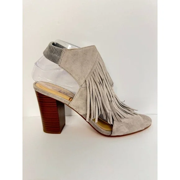 Sam Edelman Suede Fringe Block Heel Booties Boot Sandals Gray Sz 8 boho western - Picture 4 of 12